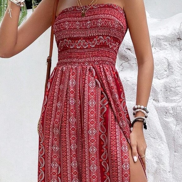 Boho Paisley Print Split Thigh Tube Jumpsuit Red - Picture 5 of 6